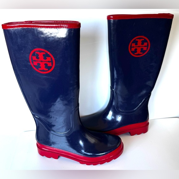 Tory Burch Rain Boots Navy and Red - Picture 1 of 14